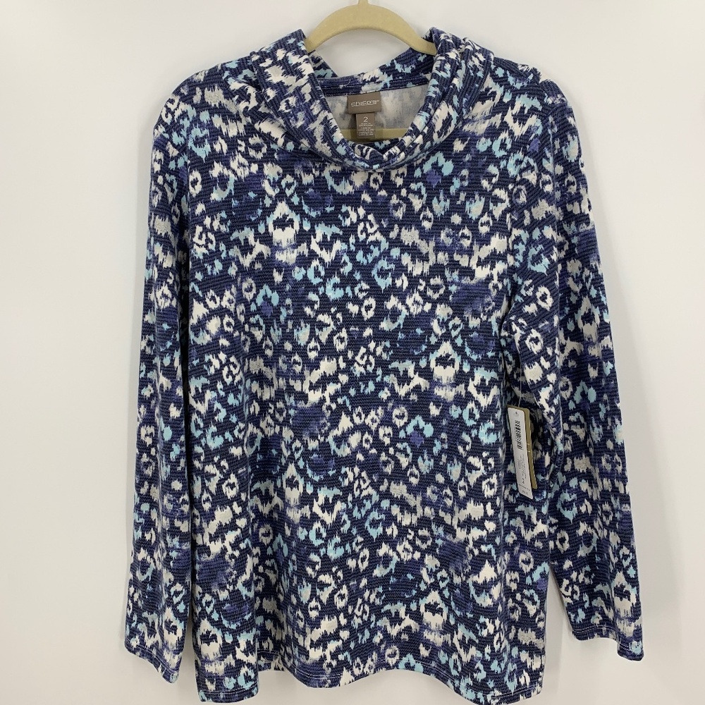 Chico's Cozisoft Cowl Neck Tunic Top in Midnight Washed Animal Print Sz …